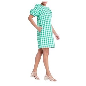 Gingham Puff Sleeve Green Mini Dress Medium Cotton Preppy Picnic Cottage Mod